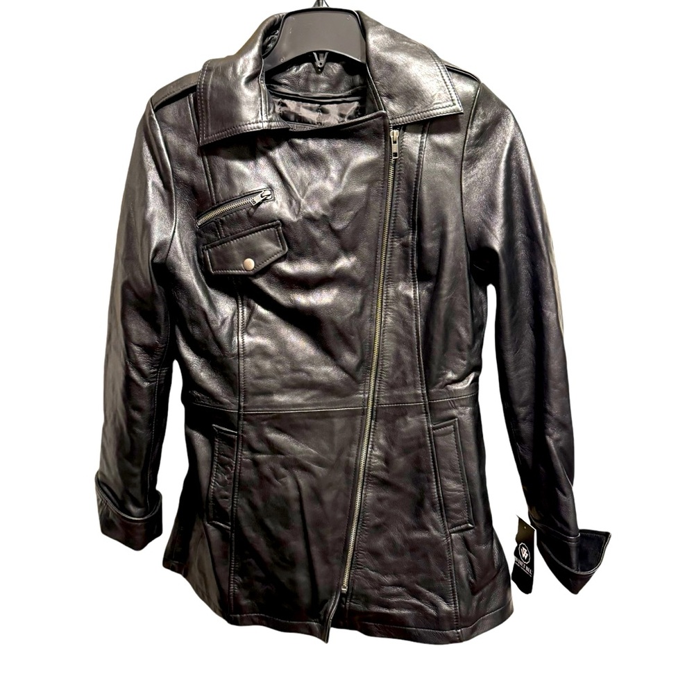 NWT WHET BLU Leather asymmetrical belted coat black Moto removable lining